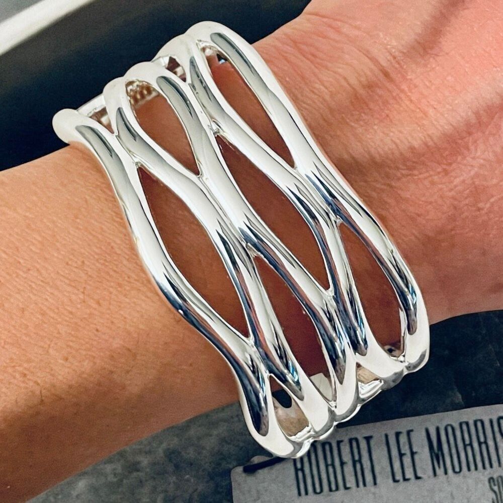 NWT Robert Lee Morris Genuine Silver Pleated open-weave Hinged Cuff Bracelet